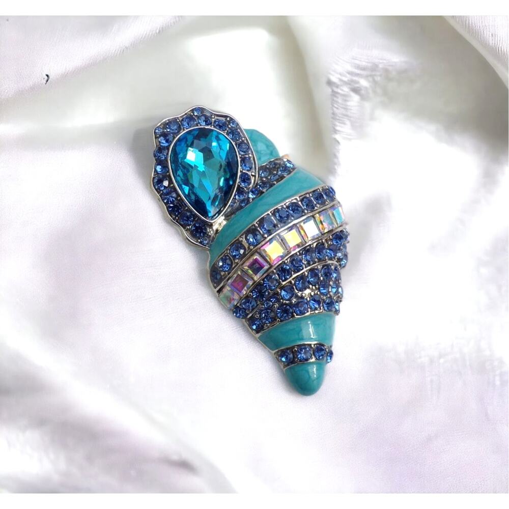 Seashell Brooch Blue & Aurora Rhinestones Turquoise Enamel Brooch